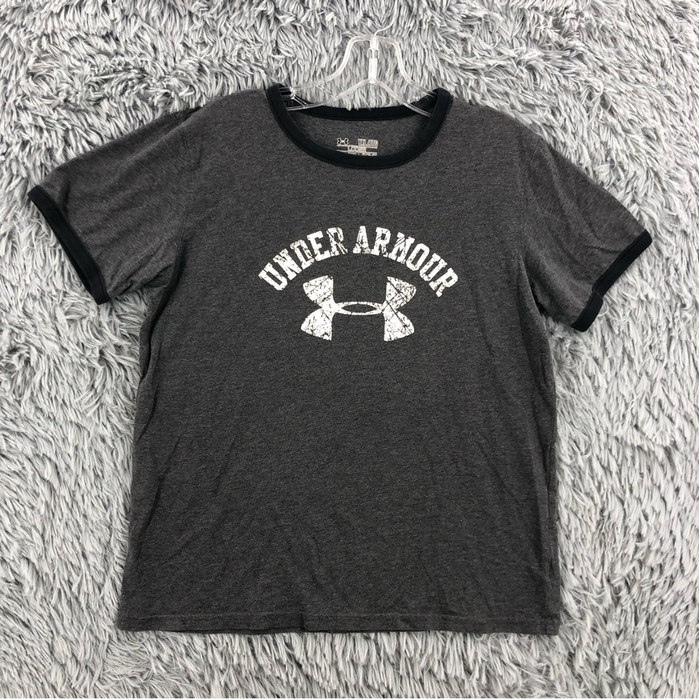 Under Armour UA Tshirt YXL Loose Heatgear Spellout Logo Gray Black Short Sleeve